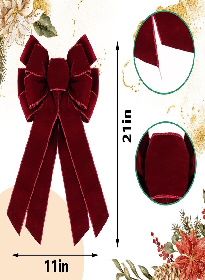Ftuuo Large Burgundy Velvet Christmas Wreath Bow, 11 * 21" Xmas Premade Vintage Red Velvet Bow for Wreaths for Indoor Outdoor Tree Topper Door Garland Holiday Party Winter Decor - Image 2